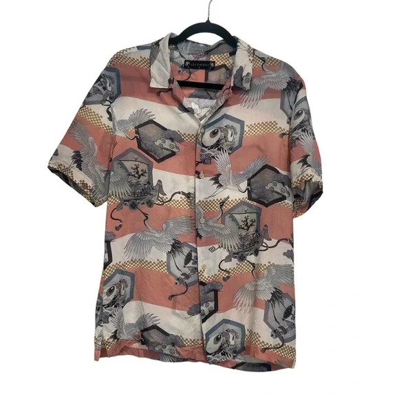 AllSaints Shield Crane Print Viscose Camp Shirt M Pink Japanese Art Aesthetic - Picture 2 of 8